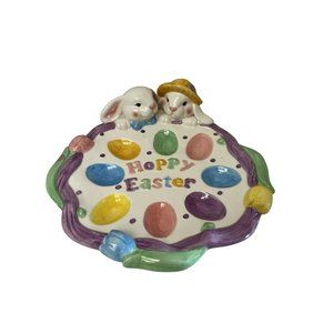 Hoppy Easter Plate Ceramic 8 Easter Egg Tray Holder 10" x 10 1/2" x 3 1/4